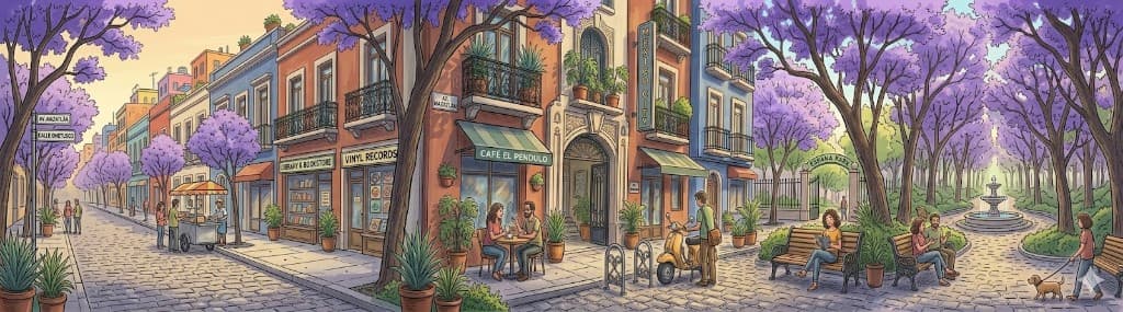 Street scene in La Condesa, Mexico City — cafes, jacarandas, and Parque España