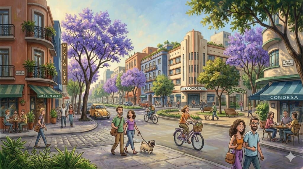 La Condesa neighborhood: tree-lined streets, jacarandas, cafes and parks in Mexico City